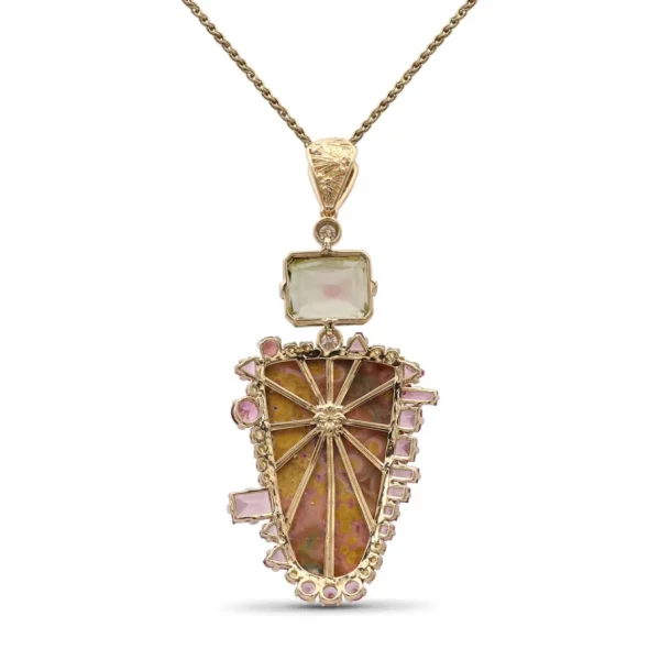 Stephen Dweck Luxury Hand Carved Sunset Jasper 34.3ct Bi-Color Tourmaline 6.7ct Yellow Sapphire 0.40ct Pink Tourmaline 2.8ct and Diamond 0.25ct Pendant in 18K Gold< Necklace