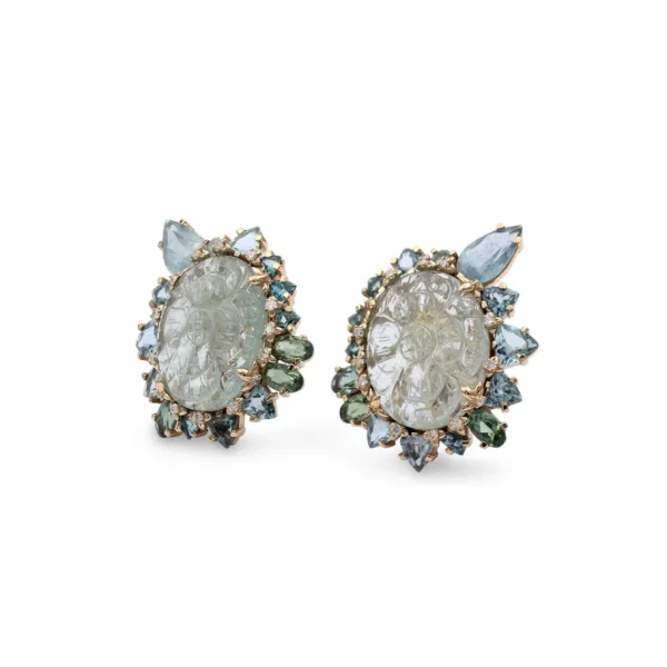 Stephen Dweck Luxury Hand Carved Tourmaline 18.3ct Aquamarine 4.9ct Green Tourmaline 2.2ct and Diamond 0.3ct Earring in 18K Gold< Earrings