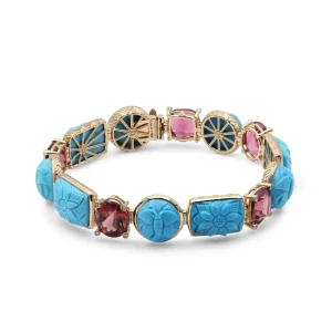 Stephen Dweck Luxury Hand Carved Turquoise 73.3ct Pink Tourmaline 23.4ct and Diamond 0.20ct Bracelet in 18K Gold< Bracelets