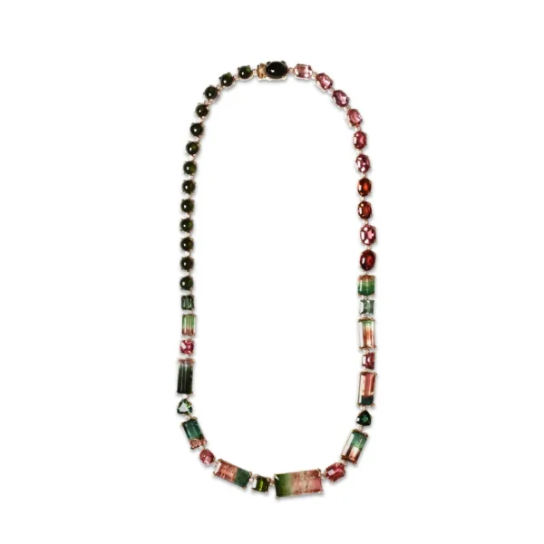 Stephen Dweck Luxury Pink Green and Watermelon Tourmaline 84ct and Diamond 0.75ct Necklace in 18K Gold< Necklace