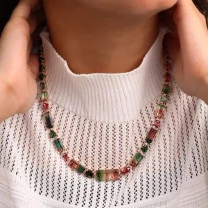 Stephen Dweck Luxury Pink Green and Watermelon Tourmaline 84ct and Diamond 0.75ct Necklace in 18K Gold< Necklace