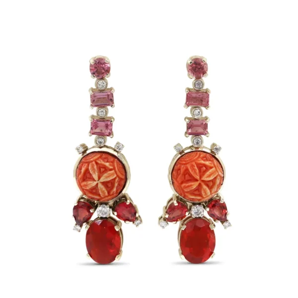 Stephen Dweck Luxury Pink Tourmaline Carved Red Coral Fire Opal and Diamond 0.31ct Earrings in 18K White Gold< Earrings