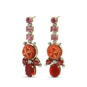 Stephen Dweck Luxury Pink Tourmaline Carved Red Coral Fire Opal and Diamond 0.31ct Earrings in 18K White Gold< Earrings