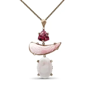 Stephen Dweck Luxury Pink Tourmaline 11.8ct Hand Carved Pink Opal 31.8ct Ethiopian Opal 25ct and Diamond 0.35ct Pendant in 18K Gold< Necklace