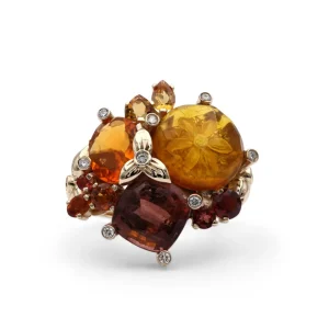 Stephen Dweck Luxury Pink Tourmaline 4.55ct Internally Carved Amber 2.2ct Fire Opal 0.95ct Garnet 0.45ct Orange Sapphire 0.45ct Citrine 0.40ct and Diamond 0.20ct Ring in 18K Gold< Rings