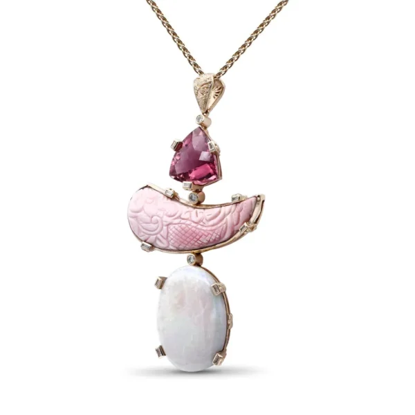 Stephen Dweck Luxury Pink Tourmaline 11.8ct Hand Carved Pink Opal 31.8ct Ethiopian Opal 25ct and Diamond 0.35ct Pendant in 18K Gold< Necklace