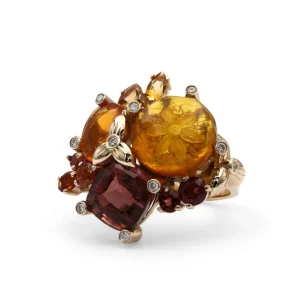 Stephen Dweck Luxury Pink Tourmaline 4.55ct Internally Carved Amber 2.2ct Fire Opal 0.95ct Garnet 0.45ct Orange Sapphire 0.45ct Citrine 0.40ct and Diamond 0.20ct Ring in 18K Gold< Rings