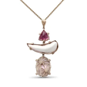 Stephen Dweck Luxury Pink Tourmaline 11.8ct Hand Carved Pink Opal 31.8ct Ethiopian Opal 25ct and Diamond 0.35ct Pendant in 18K Gold< Necklace
