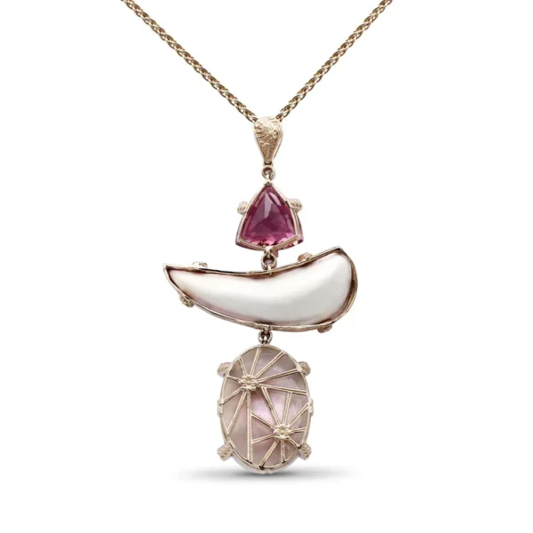 Stephen Dweck Luxury Pink Tourmaline 11.8ct Hand Carved Pink Opal 31.8ct Ethiopian Opal 25ct and Diamond 0.35ct Pendant in 18K Gold< Necklace