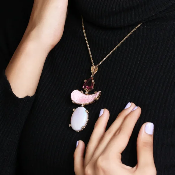 Stephen Dweck Luxury Pink Tourmaline 11.8ct Hand Carved Pink Opal 31.8ct Ethiopian Opal 25ct and Diamond 0.35ct Pendant in 18K Gold< Necklace