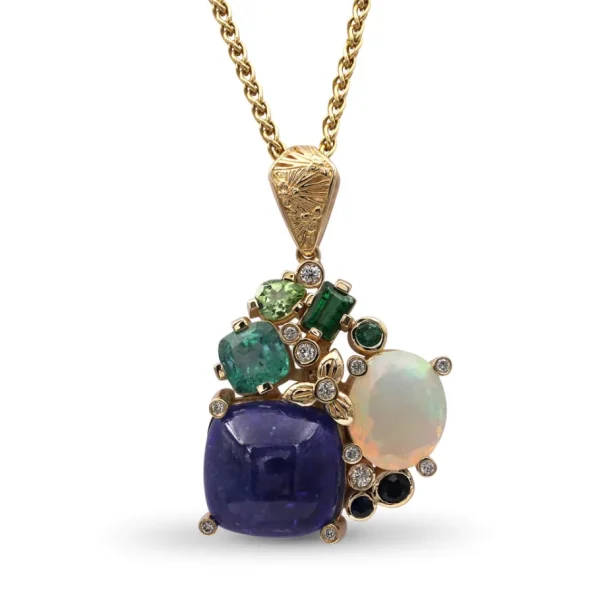 Stephen Dweck Luxury Tanzanite 17.2ct Opal 2.75ct Emerald 1.3ct Blue Sapphire Tsavorite Chrome Diopide and Diamond 0.20ct Pendant in 18K Gold< Necklace