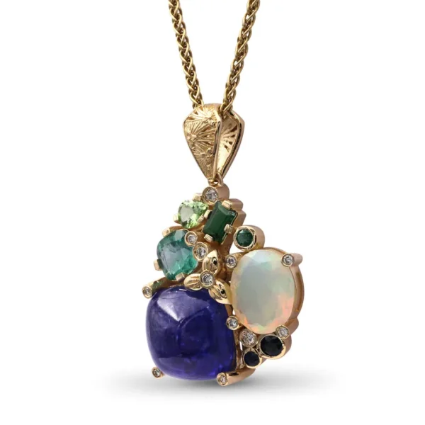 Stephen Dweck Luxury Tanzanite 17.2ct Opal 2.75ct Emerald 1.3ct Blue Sapphire Tsavorite Chrome Diopide and Diamond 0.20ct Pendant in 18K Gold< Necklace