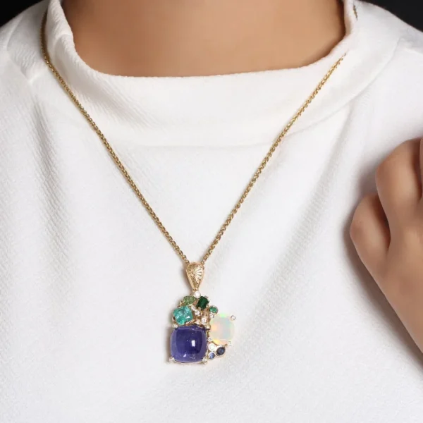 Stephen Dweck Luxury Tanzanite 17.2ct Opal 2.75ct Emerald 1.3ct Blue Sapphire Tsavorite Chrome Diopide and Diamond 0.20ct Pendant in 18K Gold< Necklace