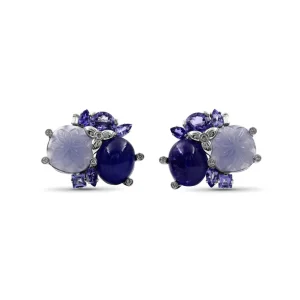 Stephen Dweck Luxury Tanzanite Hand Carved Chalcedony and Diamond 0.25ct Earrings in 18K Gold< Earrings