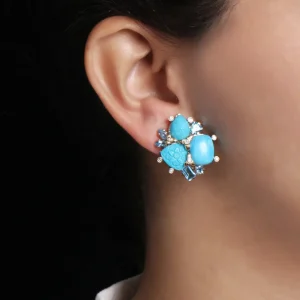 Stephen Dweck Luxury Turquoise 25ct Blue Topaz 4.1ct and Diamond 0.30ct Earring in 18K Gold< Earrings