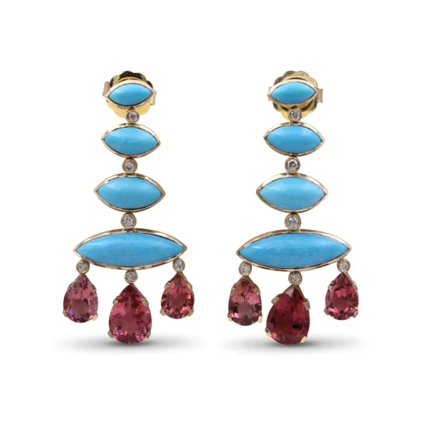 Stephen Dweck Luxury Turquoise 13ct Pink Tourmaline 10ct and Diamond 0.25ct Earring in 18K Gold< Earrings