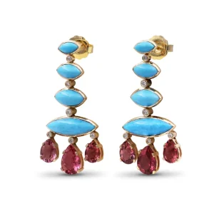 Stephen Dweck Luxury Turquoise 13ct Pink Tourmaline 10ct and Diamond 0.25ct Earring in 18K Gold< Earrings