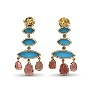 Stephen Dweck Luxury Turquoise 13ct Pink Tourmaline 10ct and Diamond 0.25ct Earring in 18K Gold< Earrings