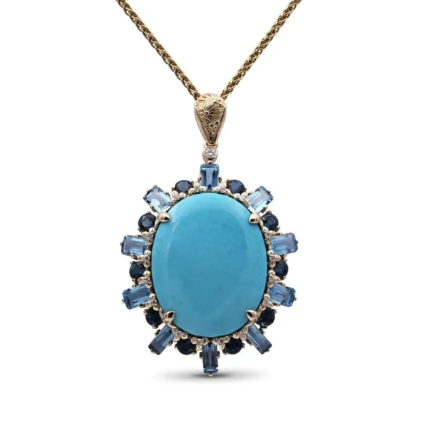 Stephen Dweck Luxury Turquoise 28ct Swiss and London Blue Topaz 11.3ct and Diamond 0.25ct Pendant in 18K Gold< Necklace