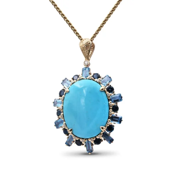 Stephen Dweck Luxury Turquoise 28ct Swiss and London Blue Topaz 11.3ct and Diamond 0.25ct Pendant in 18K Gold< Necklace