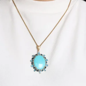 Stephen Dweck Luxury Turquoise 28ct Swiss and London Blue Topaz 11.3ct and Diamond 0.25ct Pendant in 18K Gold< Necklace