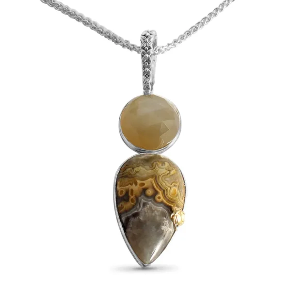 Stephen Dweck One of a Kind Crazy Lace Agate and Faceted Moonstone Pendant in Sterling Silver with 18K Gold Adam< Necklace