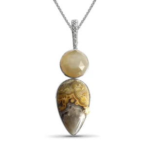 Stephen Dweck One of a Kind Crazy Lace Agate and Faceted Moonstone Pendant in Sterling Silver with 18K Gold Adam< Necklace