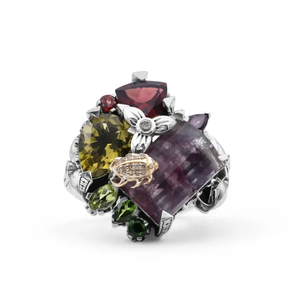 Stephen Dweck One of a Kind Facet Flurite Facet Olive Quartz Rhodolite Garnet Chrome Diopside Peridot Orissa Garnet and Diamond 0.15ct Ring in Sterling Silver with 18K Gold Diamond Pave Adam< Rings