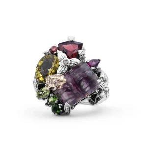 Stephen Dweck One of a Kind Facet Flurite Facet Olive Quartz Rhodolite Garnet Chrome Diopside Peridot Orissa Garnet and Diamond 0.15ct Ring in Sterling Silver with 18K Gold Diamond Pave Adam< Rings