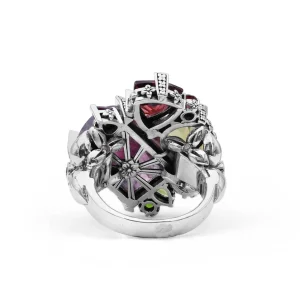 Stephen Dweck One of a Kind Facet Flurite Facet Olive Quartz Rhodolite Garnet Chrome Diopside Peridot Orissa Garnet and Diamond 0.15ct Ring in Sterling Silver with 18K Gold Diamond Pave Adam< Rings