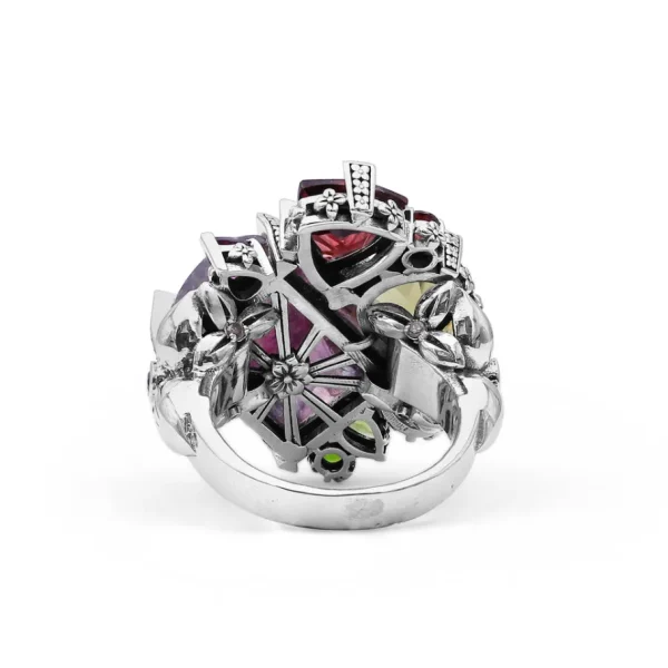 Stephen Dweck One of a Kind Facet Flurite Facet Olive Quartz Rhodolite Garnet Chrome Diopside Peridot Orissa Garnet and Diamond 0.15ct Ring in Sterling Silver with 18K Gold Diamond Pave Adam< Rings