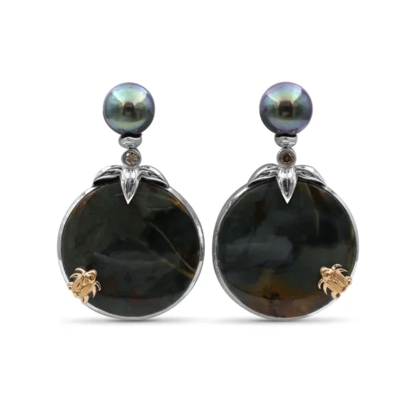 Stephen Dweck One of a Kind Green Pearl Green Ocean Jasper and Diamond 0.10ct Earring in Sterling Silver with 18K Gold Adam< Earrings