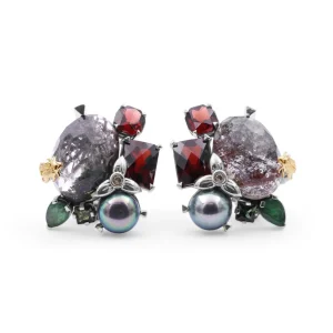 Stephen Dweck One of a Kind Green Tourmaline Facet Orissa Garnet Green Pearl Emerald Garnet Facet Flat back Red Moss Quartz and Diamond 0.04ct Earring in Sterling Silver with 18K Gold Adam< Earrings