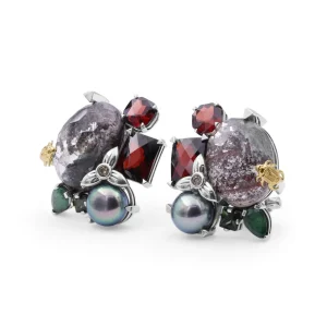 Stephen Dweck One of a Kind Green Tourmaline Facet Orissa Garnet Green Pearl Emerald Garnet Facet Flat back Red Moss Quartz and Diamond 0.04ct Earring in Sterling Silver with 18K Gold Adam< Earrings