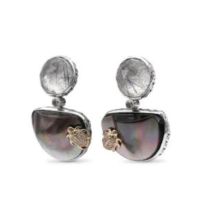 Stephen Dweck One of a Kind Grey Tihitian Shell Mabe Pearl Facet Top Blue Hair Rutilated Quartz and Diamond 0.15ct Earring in Sterling Silver with 18K Gold Diamond Pave Adam< Earrings