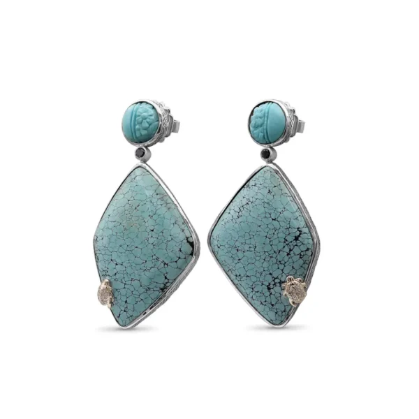 Stephen Dweck One of a Kind Half Carved Half Smooth Turquoise Turquoise and Diamond 0.35ct Earring in Sterling Silver with 18K Gold Diamond Pave Adam< Earrings