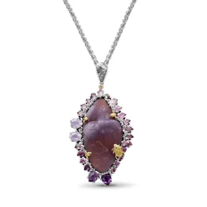 Stephen Dweck One of a Kind Hand Carved Yttrium Fluorite Pink Tourmaline Lavender Moon Quartz Amethyst Bloodstone Bead and Diamond Pendant in Sterling Silver with 18K Gold Flowers and Adam< Necklace