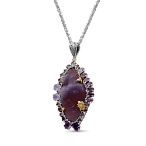 Stephen Dweck One of a Kind Hand Carved Yttrium Fluorite Pink Tourmaline Lavender Moon Quartz Amethyst Bloodstone Bead and Diamond Pendant in Sterling Silver with 18K Gold Flowers and Adam< Necklace