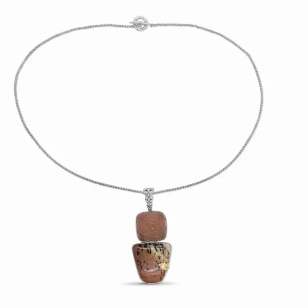 Stephen Dweck One of a Kind Hand Carved Rose Quartz and Jasper Pendant in Sterling Silver with 18K Gold Diamond Pave Adam- 20In/51Cm< Necklace