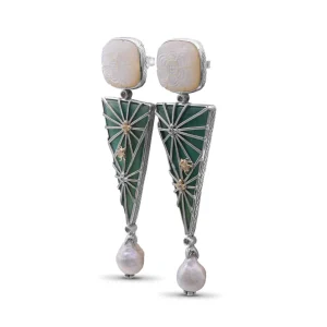 Stephen Dweck One of a Kind Hand Carved Mother of Pearl Green Agate Baroque Pearl and Diamond 0.30ct Earring in Sterling Silver with 18K Gold Flowers and Adam< Earrings