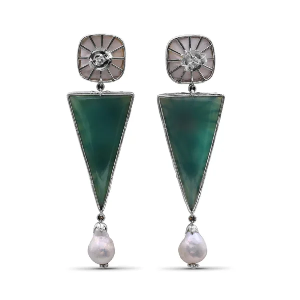 Stephen Dweck One of a Kind Hand Carved Mother of Pearl Green Agate Baroque Pearl and Diamond 0.30ct Earring in Sterling Silver with 18K Gold Flowers and Adam< Earrings