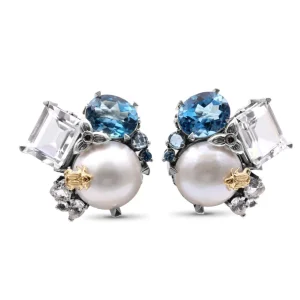 Stephen Dweck One of a Kind London Blue Topaz Natural Quartz White Mabe Pearl and Diamond 0.03ct Earring in Sterling Silver with 18K Gold Adam< Earrings