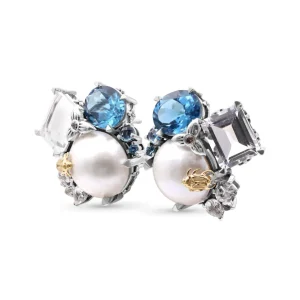 Stephen Dweck One of a Kind London Blue Topaz Natural Quartz White Mabe Pearl and Diamond 0.03ct Earring in Sterling Silver with 18K Gold Adam< Earrings