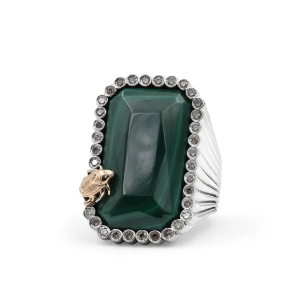 Stephen Dweck One of a Kind Malachite and Champagne Diamond 0.61ct Ring in Sterling Silver with 18K Gold Adam< Rings