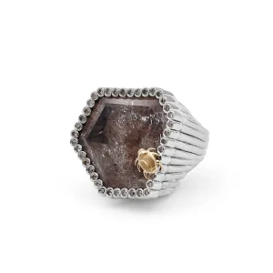 Stephen Dweck One of a Kind Moss Agate 48.5ct and Champagne Diamond 0.40ct Ring in Sterling Silver with 18K Gold Adam< Rings