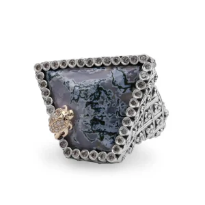 Stephen Dweck One of a Kind Moss Agate 22.2ct and Diamond 0.45ct Ring in Sterling Silver with 18K Diamond Pave Adam< Rings