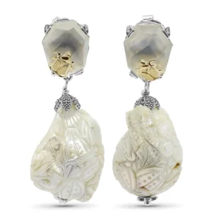 Stephen Dweck One of a Kind Natural Quartz Mother Pearl and Hand Carved Baroque Pearl Earrings in Sterling Silver with 18K Gold Adam< Earrings