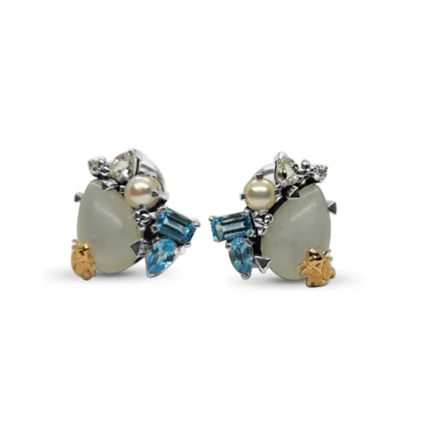 Stephen Dweck One of a Kind Natural Quartz White Pearl Swiss Blue Topaz Smooth White Moonstone Earring in Sterling Silver with 18K Gold Adam< Earrings