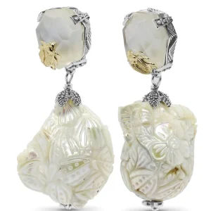 Stephen Dweck One of a Kind Natural Quartz Mother Pearl and Hand Carved Baroque Pearl Earrings in Sterling Silver with 18K Gold Adam< Earrings