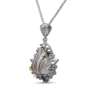 Stephen Dweck One of a Kind Natural Quartz White Pearl Grey Pearl Labradorite Smooth Phantom Quartz and Diamond 0.11ct Pendant in Sterling Silver with 18K Gold Diamond Pave Adam< Necklace